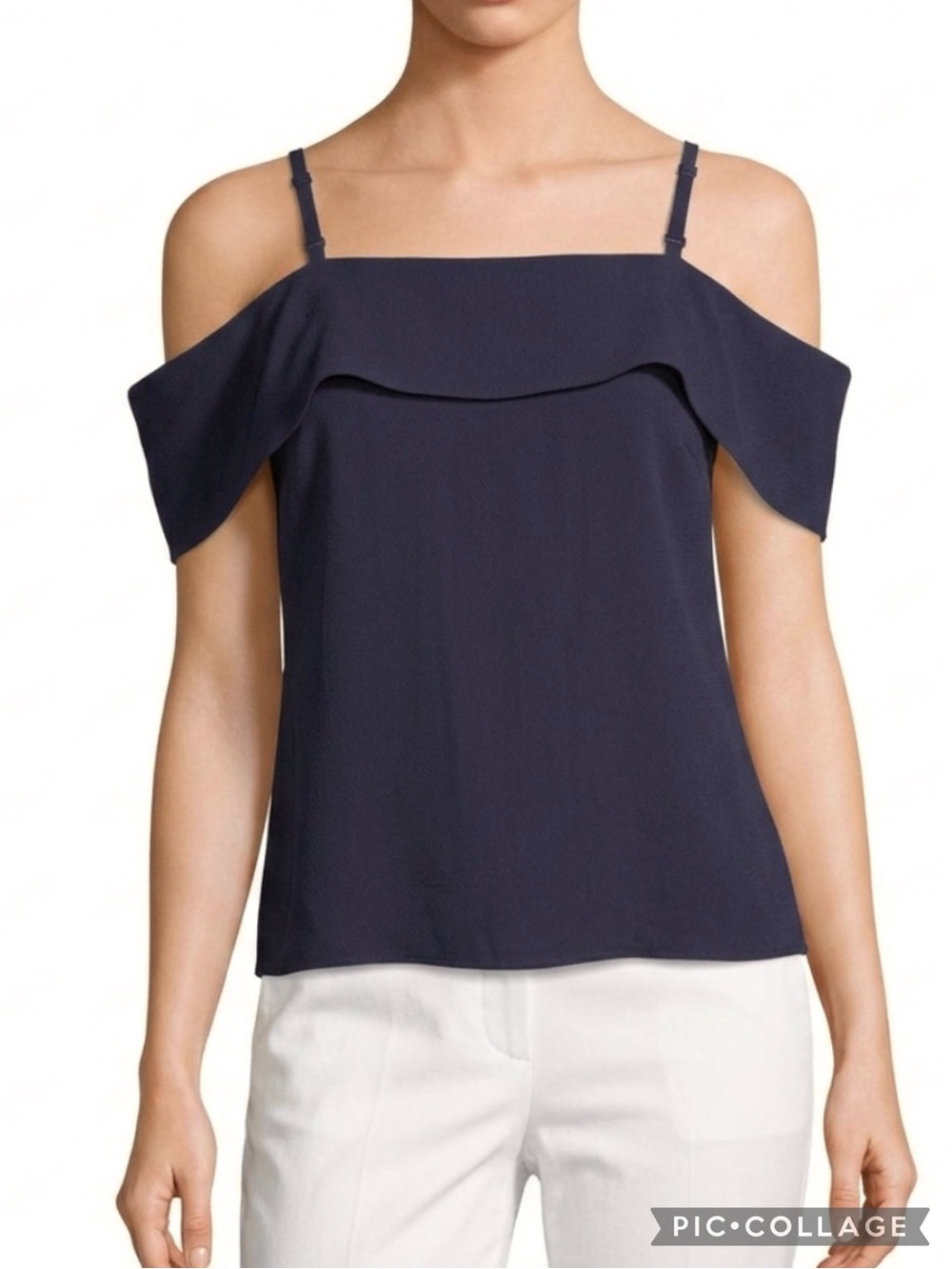 Elizabeth and James Tara Navy Blue Off The Shoulder Flounce Top 4 Quiet Luxury